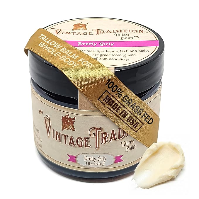 Vintage Tradition Beef Tallow All Purpose Balm – Healing Hydrating Floral Skin Care Salve Replaces Body Lotion Hand Cream More – Essential Oil Olive Oil and Grass-Fed Tallow 2 fl. oz.