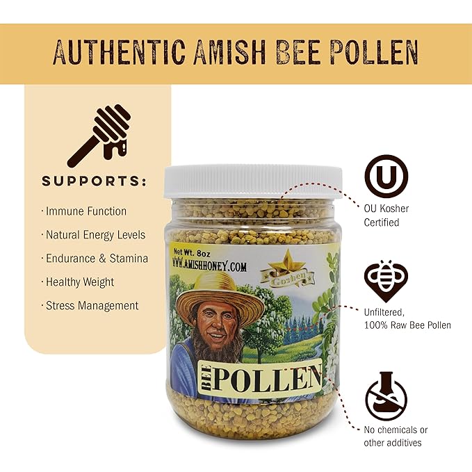 Goshen Amish Country Honey Extremely Raw BEE POLLEN Whole Granules Bee Pollen - 100% Pure Natural Health Benefits - Unfiltered | 8 Oz (Glass Jar)