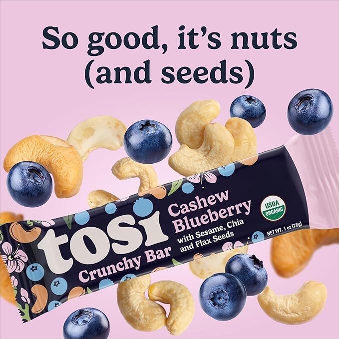 Tosi Nut Bars Cashew Blueberry Healthy Snacks for Adults &amp Kids Plant Based Crunchy Bars (6G Protein) Organic Keto Snacks Vegan Gluten &amp Soy Free Low Sugar Omega 3s 1oz 12-Pack