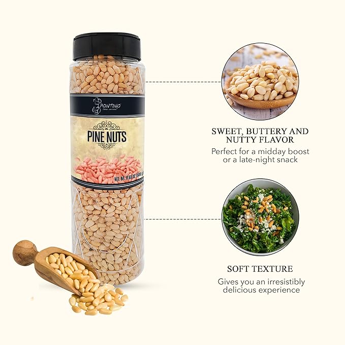 Pontino Raw Pine Nuts - Unsalted &amp Crunchy - Whole Pine Nuts for Snacking Topping Baking Pesto - All Natural &amp Non-GMO - 17.64oz (500g)