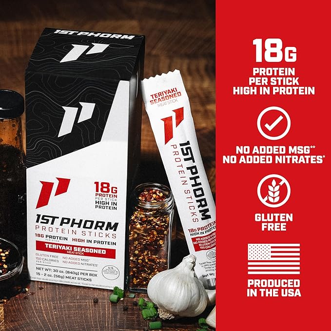 1st Phorm Meat Sticks Teriyaki Seasoned 18G Protein per Serving USA Raised Lean Beef and Pork High Protein Snacks Gluten Free No Msg or Nitrates Individually Wrapped 15 Count