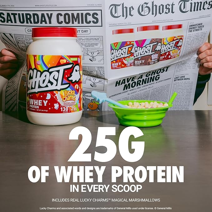 GHOST Whey Protein Powder Lucky Charms Cereal Milk - 2LB 25G of Protein - Whey Protein Isolate &amp Concentrate Blend - Post Workout Fitness &amp Nutrition Shakes Smoothies &amp Baking - Soy &am