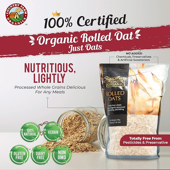 Premium Organic Rolled Oats USDA Organic Gluten Free Non-GMO. Great For Daily Breakfast Baked Goods &amp Snacks. [500g x 12 Packs] Country Farm
