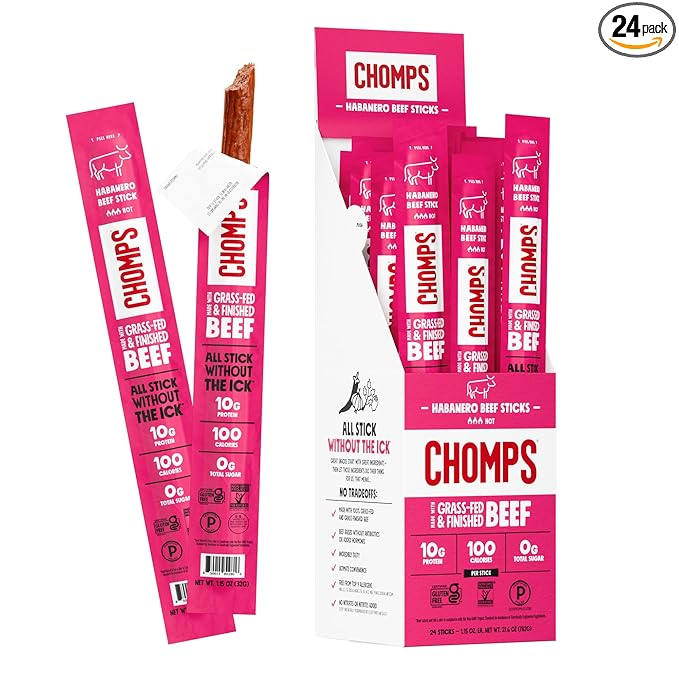 Chomps Grass-Fed and Finished Spicy Habanero Beef Jerky Snack Sticks 24-Pack - Keto Paleo Whole30 10g Lean Meat Protein Gluten-Free Zero Sugar Food Non-GMO
