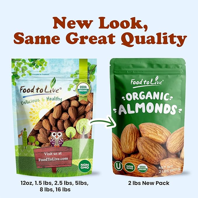 Food to Live Organic Dry Roasted Almonds 4 Pounds – Non-GMO Unsalted Vegan Keto Paleo Kosher Bulk High in Protein Dietary Fiber Vitamin E Copper Manganese Magnesium and Riboflavin.