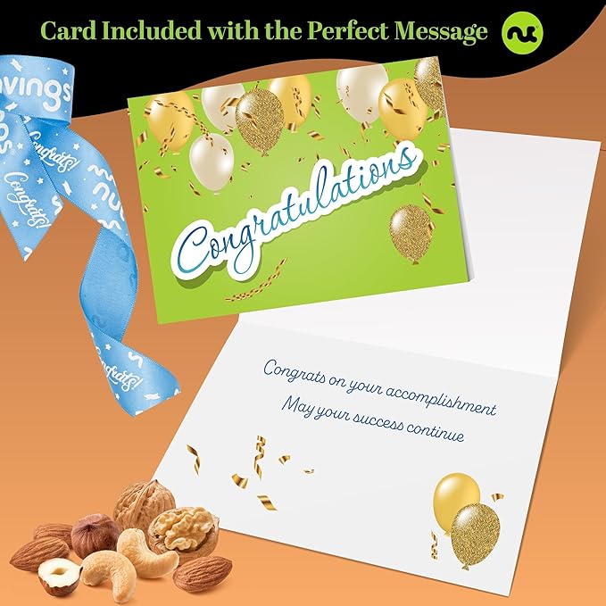 NUT CRAVINGS Gourmet Collection - Congratulations Nuts Gift Basket with Congrats Ribbon + Greeting Card in Reusable Wooden Tray (12 Assortments) Graduation Food Arrangement Healthy Snack
