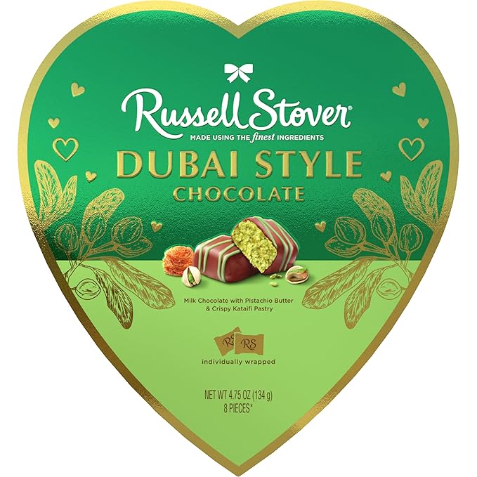 RUSSELL STOVER Valentine's Day Dubai Style Milk Chocolate Candy Pistachio &amp Kataifi Heart Gift Box 4.75 oz.
