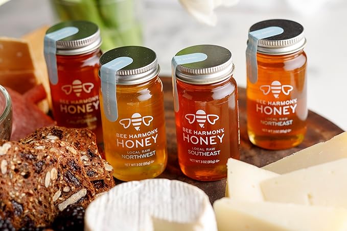 Bee Harmony Coast-to-Coast Honey Flight Mini Honey Gift Set 4 Jars 3 OZ Each Premium Raw Made in the USA