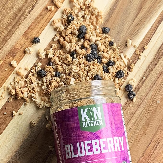 Kin Kitchen non-GMO Granola &amp Organic Quinoa Crisps in a Glass Jar Recyclable and Resusable. Made with Real Fruit. No Aritificial Colors Flavors or Perservatives. Made in USA with Globally Sour