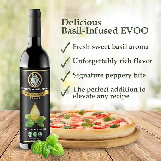 M.G. PAPPAS High Polyphenol Rich Basil Infused Olive Oil - Extra Virgin Olive Oil - Over 500mg/kg - Cold Pressed &amp Unfiltered - High Hydroxytyrosol Greek Olive Oil - Award Winning