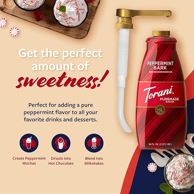 Torani Puremade Peppermint Bark Sauce for Coffeehouse Drinks and Desserts Large 4lb Bottle Pump Included 64 Fl Oz