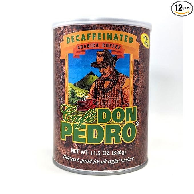 Cafe Don Pedro Decaf American Roast Naturally Low Acid Coffee Medium Roast Stone Ground Coffee Stomach Friendly Prevents Acid Reflux Decaffeinated (12 Cans)