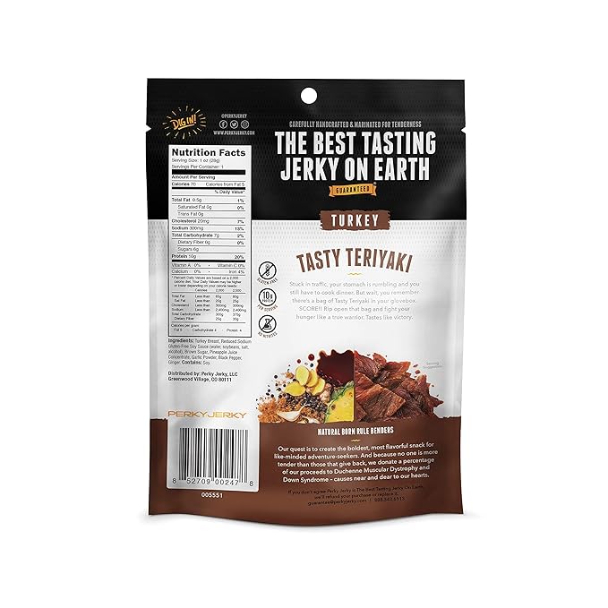 Perky Jerky Tasty Teriyaki Turkey Jerky 1oz (Pack of 12) - Low Sodium - 10g Protein per Serving - Low Fat - 100% U.S. Sourced - Tender Texture