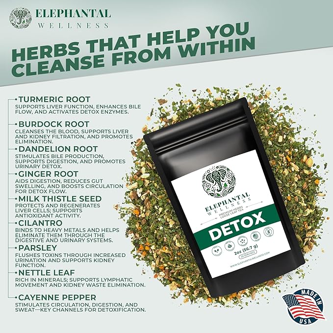 Elephantal Wellness Premium Detox Herbal Tea | Daily Liver Kidney Blood &amp Digestive Support with Turmeric Nettle Tea Milk Thistle Dandelion Tea &amp Burdock | Handmade Caffeine-Free Loose L
