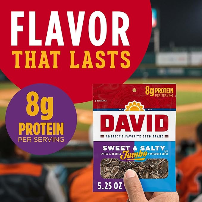 DAVID Roasted and Salted Sweet and Salty Jumbo Sunflower Seeds Keto Friendly 5.25 oz 12 Pack