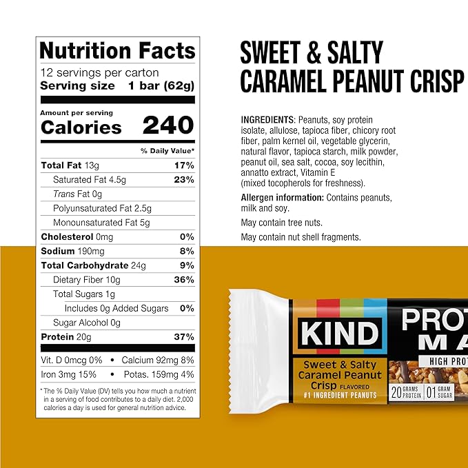 KIND Protein MAX Sweet &amp Salty Caramel Peanut Crisp Snack Bars Keto Friendly 20g Protein 12 Count