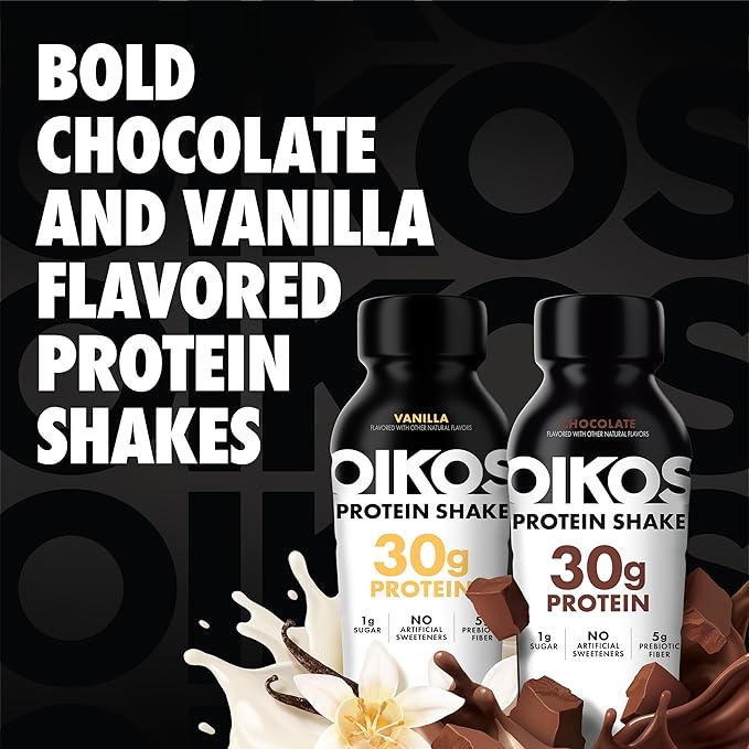Oikos Protein Shake Exclusive Variety Pack 30g High Protein Drinks Shelf Stable Ready to Drink 5g Prebiotic Fiber 12 fl oz Bottle (8 ct Vanilla 4 ct Chocolate
