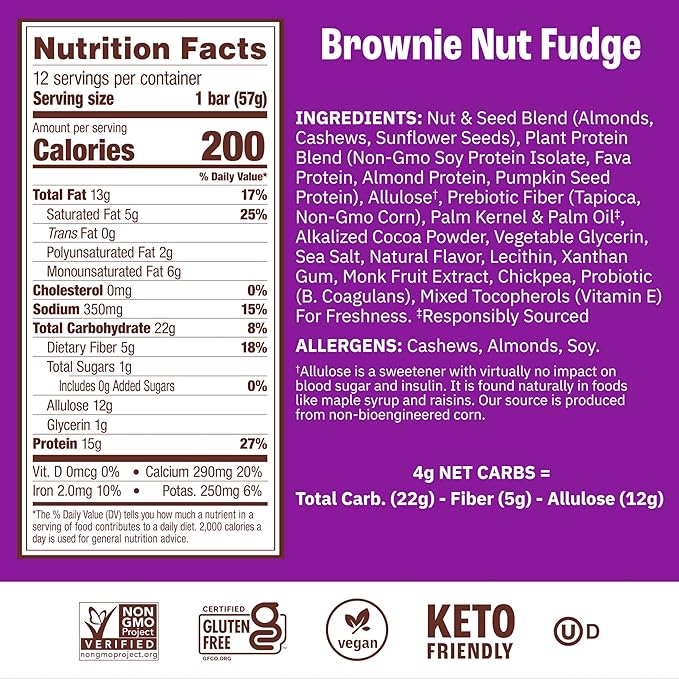 Munk Pack Brownie Nut Fudge Keto Protein Bars | 15g Protein 1g Sugar 4g Net Carbs | Vegan Plant-Based Snacks for Gut Health | 12 Count