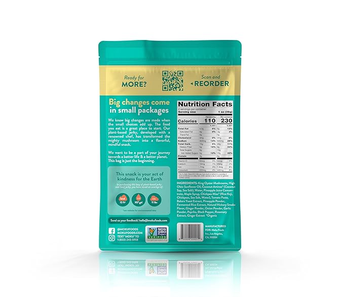 Moku Plant-Based Mushroom Jerky Vegan Gluten Free Soy-Free Non-Gmo No Artificial Sweetener Healthy Snacks 2.0 Oz Ea (8 Count Variety)