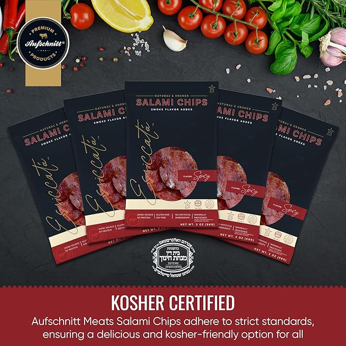 Meats Kosher Salami Chips - Sliced Sausage Charcuterie Meat - Natural Friendly - 2 oz Spicy 5 Pack