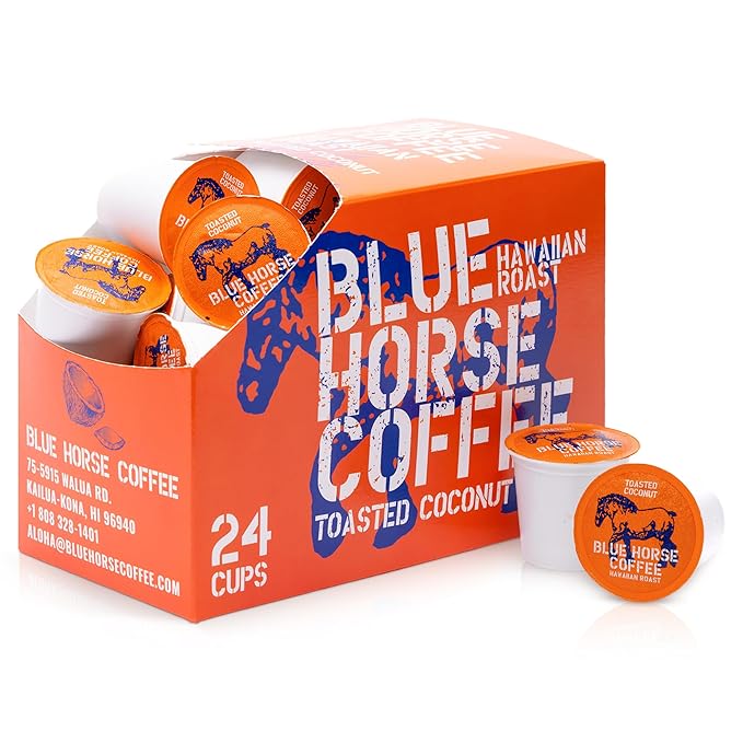Blue Horse 'Gentle Giant' Hawaiian Roast (20% Kona) Coffee Pods - Toasted Coconut - Medium Roast 24ct Single Serve Compatible with K Cups 2.0 Farm Fresh Premium 100% Arabica Beans