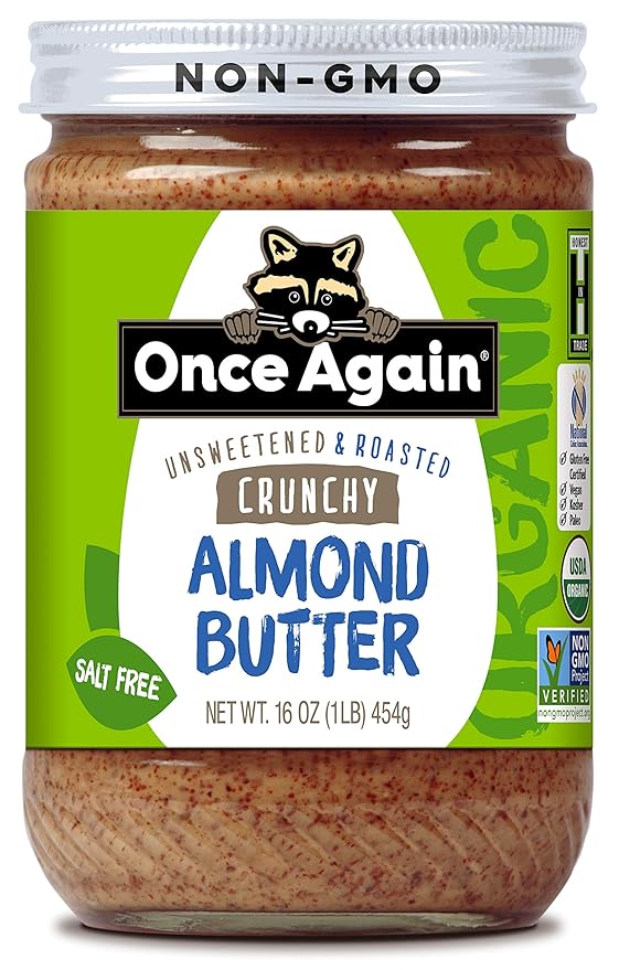 Once Again Organic Crunchy Almond Butter 16oz - Roasted - Salt Free Unsweetened - USDA Organic Gluten Free Certified Peanut Free Vegan Kosher Paleo - Glass Jar - Case of 12