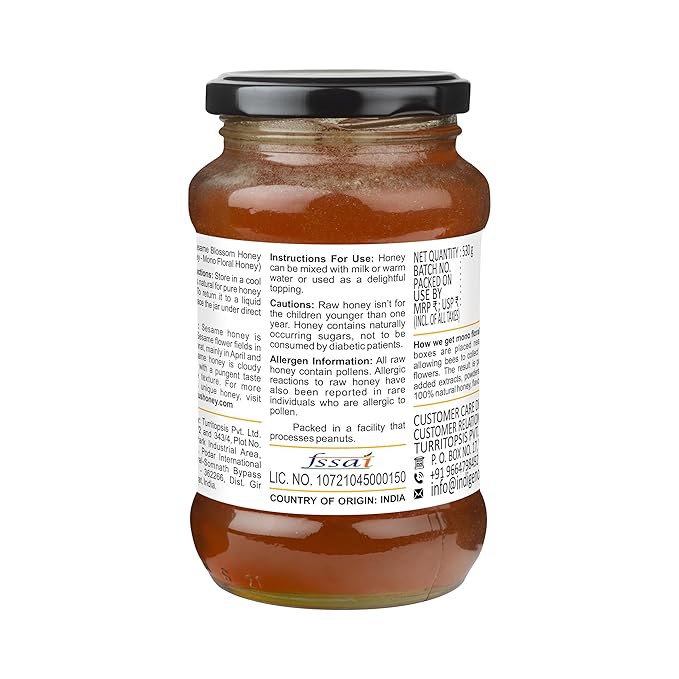 INDIGENOUS HONEY Sesame Til Honey Raw Organic Natural Pure Unprocessed NMR Tested Unpasteurized Unheated 530g Glass Jar Pack of 1