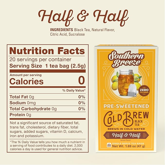 Southern Breeze Cold Brew Sweet Tea Half and Half Iced Tea with Black Tea and Zero Carbs Zero Sugar 20 Individually Wrapped Tea Bags Pack of 4