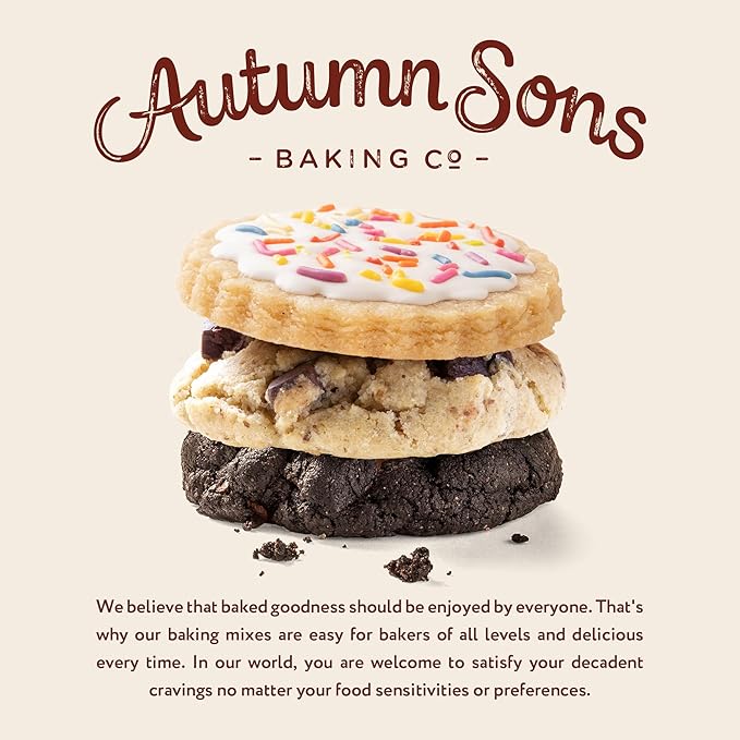 Autumn Sons Baking Co. Gluten Free Cookie Mix Variety Pack. Sugar Cookie Chocolate Chunk &amp Double Chocolate Chunk. Vegan Plant Based Baking Mix. Top 9 Allergen Free. 9.3 oz (Pack of 3)