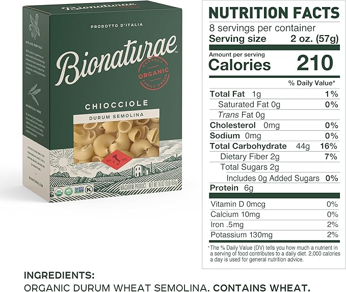 Bionaturae Chiocciole Pasta Noodles - Durum Semolina Pasta Kosher High Protein Non-GMO USDA Certified Durum Semolina Chiocciole Chiocciole Pasta Organic Crafted in Italy - 16 Oz 6 Pack