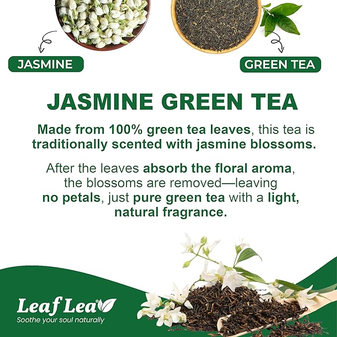LeafLea 80 Jasmine Green Tea Bags Green Tea with Natural Jasmine Aroma Light Focus &amp Daily Balance Delicate Floral and Smooth Taste Caffeinated Sugar-Free Non-GMO Vegan Individually Wrappe