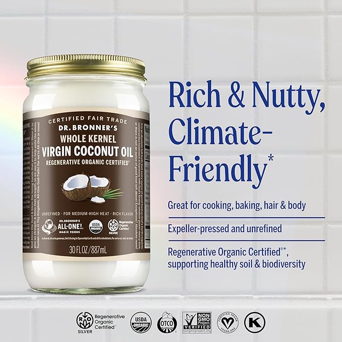 Dr. Bronner's - Organic Virgin Coconut Oil (Whole Kernel 30 Ounce) - Coconut Oil for Cooking Baking Hair and Body Unrefined and Fresh-Pressed Rich and Nutty Flavor Fair Trade Vegan Non-GMO
