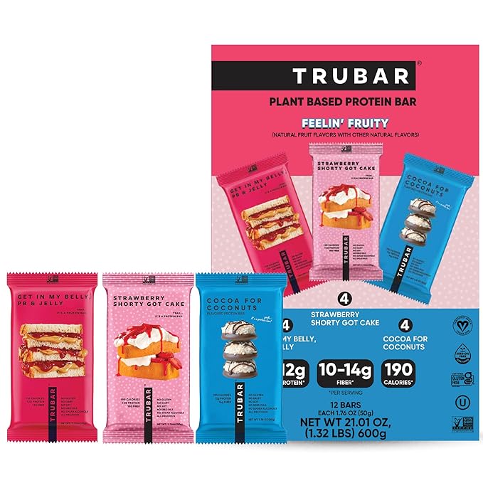 TRUBAR Vegan Protein Bars Feelin' Fruity Variety Pack PB &amp Jelly Strawberry Shortcake &amp Chocolate Coconut Gluten Free Plant Based High Fiber Dairy Free On the Go Healthy Snacks 12 Cou