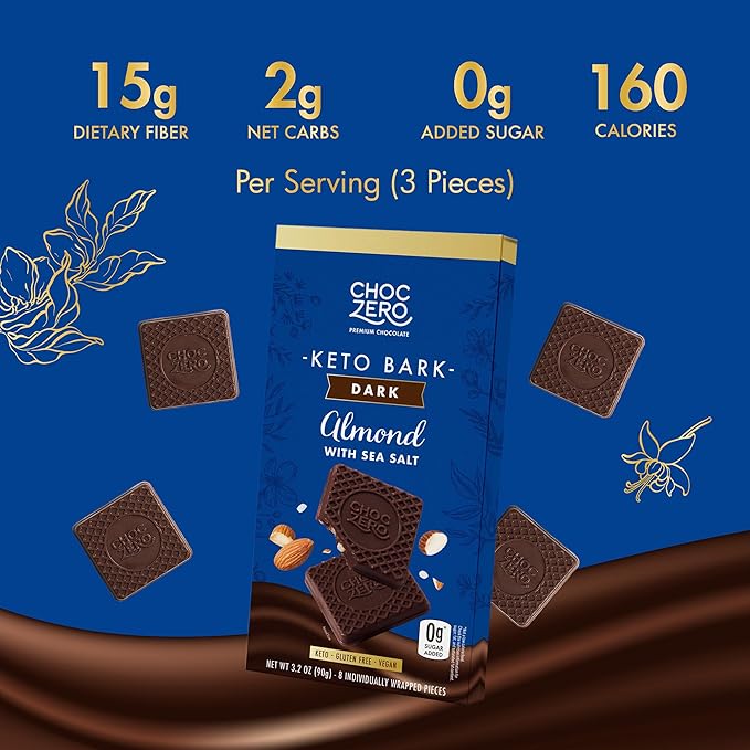 ChocZero Dark Chocolate Almond Bark with Sea Salt Sugar Free Vegan Low Carb High Fiber Keto Friendly No Sugar Alcohols (4 Count 3.2oz Boxes)