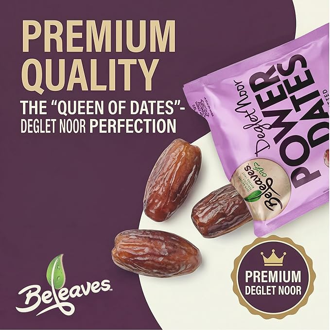 Beleaves Deglet Noor Pitted Power Dates 1.76 oz (12 Pack) | Single Serve Snack Pouches | Low Sodium High Fiber | Natural Energy Fruit Snack | No Added Sugar Gluten Free Vegan | Kosher