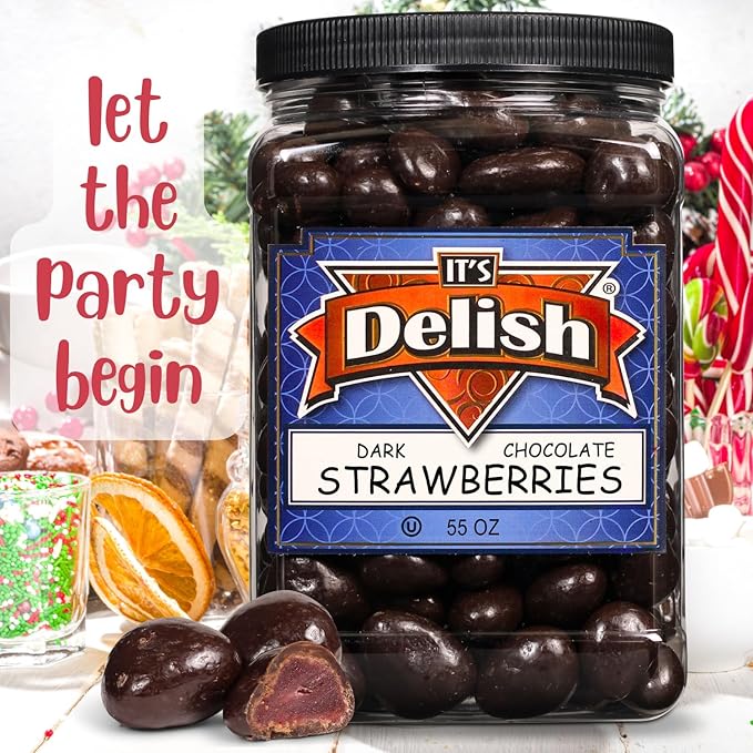 Dark Chocolate Covered Dried Strawberries by It's Delish 55 OZ Jumbo Container | Gourmet Dark Chocolate Covered Strawberry Fruit Snacks Bulk Chocolate Candy | Vegan Kosher
