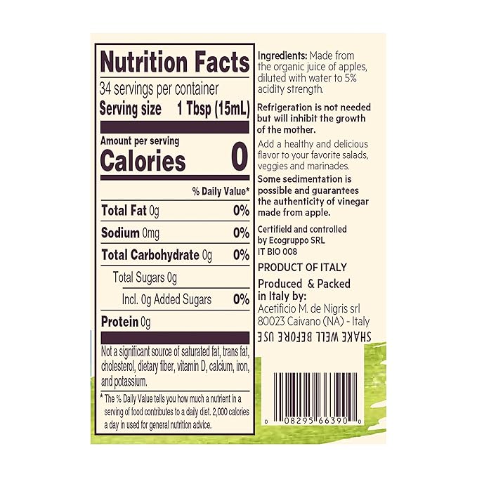 De Nigris Organic Apple Cider Vinegar Raw &amp Unfiltered 169 Oz (Pack of 2) | Apple Cider Vinegar With Mother A Source Of Functional Elements For The Balance Of Metabolism | Organic