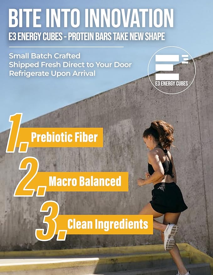 E3 Energy Cubes- Peanut Butter Chocolate Refrigerated Protein Bars | Gluten-Free Dairy-Free Soy-Free Egg White Protein Non-GMO PreBiotic Fiber | Healthy Snack Bars | Made in USA Pack of 12