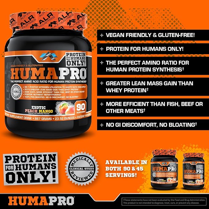 Humapro | Amino Acids Protein Matrix for Humans | 99% Utilization for Lean Muscle | Vegan Gluten Free | 90 Servings (Exotic Peach Mango)