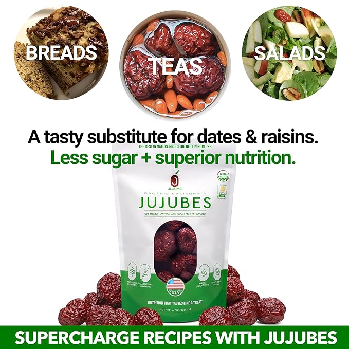 JUJUME | USDA Organic California Grown Jujubes Red Dates | Individually Sorted 3X for QA | High Grade Superfood | Healthy Dried Fruit | Certified All-Natural Non-GMO | 6 oz. bag