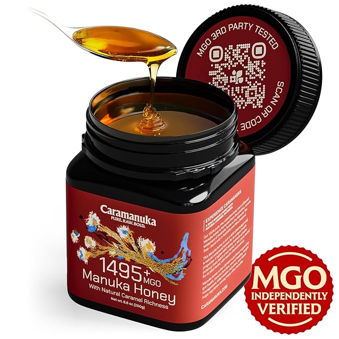 Caramanuka Manuka Honey MGO 1495+ / 100% Raw Pure Unfiltered &amp Unpasteurized 3rd Party Tested Ultra-Potent Glyphosate-Free Australian Premium Manuka Honey