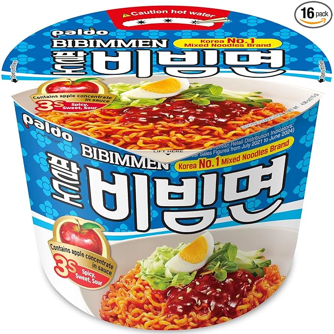 Paldo Fun &amp Yum Bibim Men Instant Cold Cup Noodles Brothless Cold Ramen with Sweet &amp Spicy Seasoning Sauce Best Oriental Style Korean Ramyun Soupless K-Food 팔도 비빔면 킹 컵 115g (4.05 oz) x 16