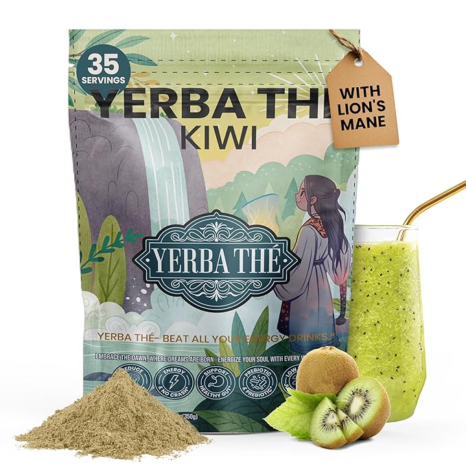 Ancient Diosa Yerba Mate Powder - Clean Energy &amp Focus - Organic Yerba Mate Tea 350g - Supports Gut Health with Probiotics &amp Prebiotics Brain Fog Relief Focus &amp Relaxation - Kiwi Flavor