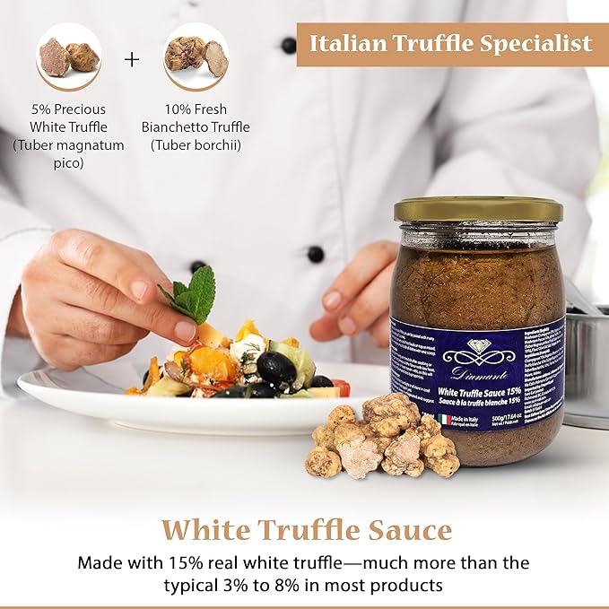 Diamante Italy White Truffle Sauce with High 15% White Truffle Content - Authentic Italian Gourmet White Truffle &amp Mushroom Sauce - Non GMO Vegan &amp Made in Italy - 500g