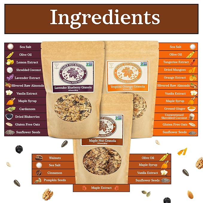 Maple Nut Kitchen Artisanal Variety Pack Granola Bites - Lavender Blueberry Tropical Orange Maple Nut Granola | 10 oz Each | Gluten-Free Vegan Delicious Breakfast Treats | 3-Pack