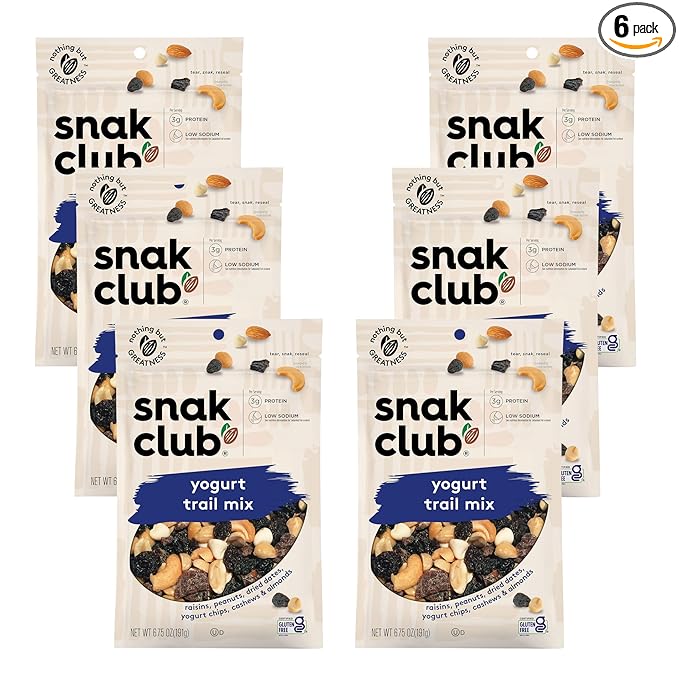 Snak Club Yogurt Trail Mix with Raisins Peanuts Dried Dates Yogurt Chips Cashews and Almonds Gluten-Free and Kosher Snack 6.75 oz Resealable Bags 6 Pack