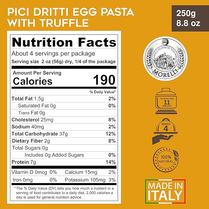 Morelli Pici Pasta Noodles - Premium Egg Pasta With Black Truffle Made in Italy Imported Italian Gourmet Food Handmade With Durum Wheat Semolina - 8.8 oz (250 gr) - Pack of 2