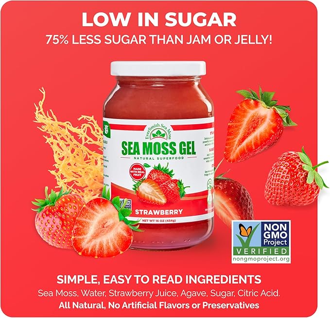 Wildcrafted Irish Sea Moss Gel | Made in USA | Rich in Vitamins &amp Minerals | Sea Moss Gel Raw | Nutritional Supplement | Strawberry (16 oz)