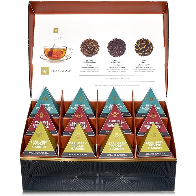 Teabloom Classic Black Teas – Organic Assortment with 12 Plant-Based Pyramid Sachets Earl Grey Darjeeling &amp English Breakfast Elegant Presentation Box for Tea Enthusiasts