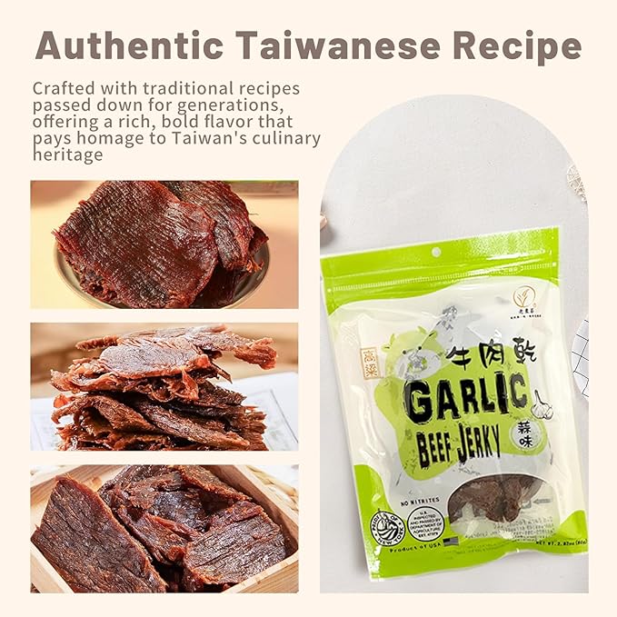 Old Cottage Beef Jerky - Authentic Taiwanese Recipe -Taiwanese Snacks - Dried Jerky Protein Snack | Beef Jerky Asian Snacks 2.82oz Pack of 3 Made in The USA (Pack of 3 Garlic)
